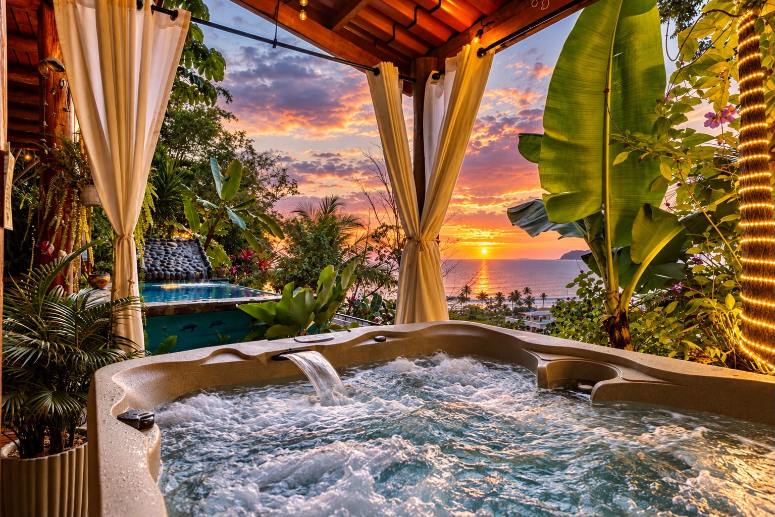 Hot tub on the terrace at sunset